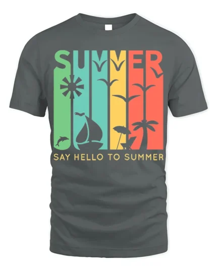 Say Hello to Summer T-Shirt Retro Beach Vibes - gray t-shirt on white background