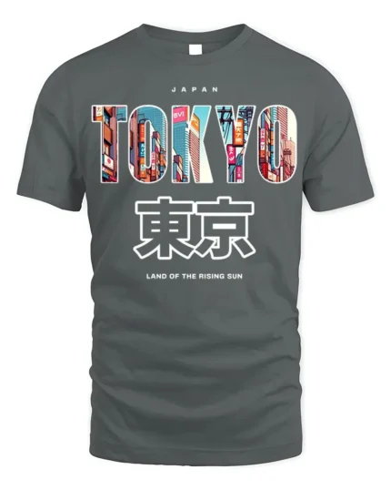 Tokyo Japan T-Shirt Neon City Skyline Graphic - gray t-shirt on white background