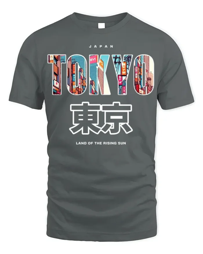 Tokyo Japan T-Shirt Neon City Skyline Graphic - gray t-shirt on white background
