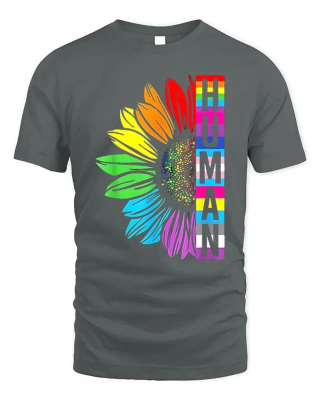 Human Pride T-Shirt Rainbow Sunflower LGBTQ+ Equality - gray t-shirt on white background