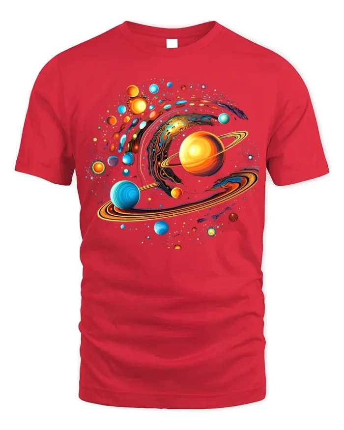 Solar System Vortex Galaxy Print T-Shirt Cosmic Cotton - red t-shirt on white background