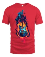 Electric Guitar on Fire Graphic T-Shirt Rock Music - red t-shirt on white background