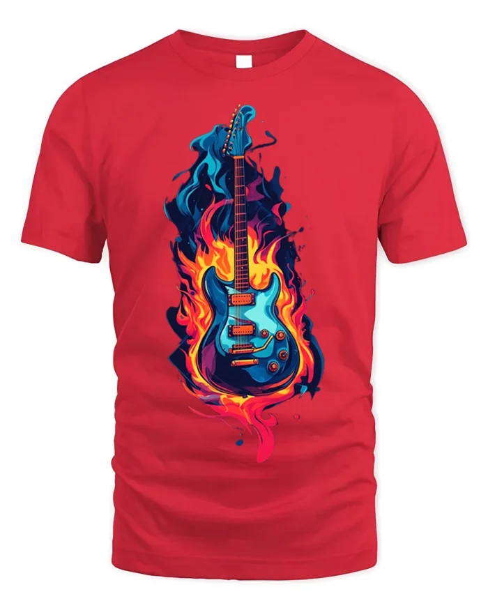Electric Guitar on Fire Graphic T-Shirt Rock Music - red t-shirt on white background
