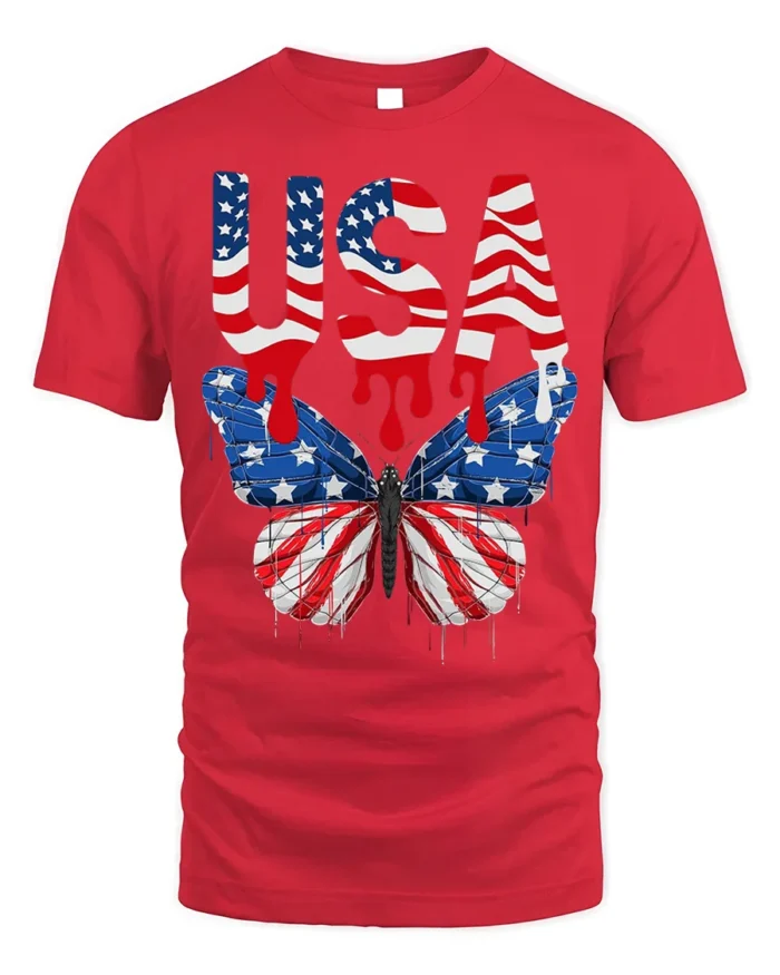USA Flag Butterfly T-Shirt Patriotic Red White Blue - red t-shirt on white background