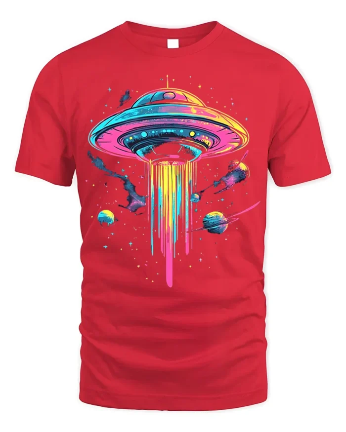 Neon UFO Space T-Shirt Psychedelic Galaxy Alien - red t-shirt on white background