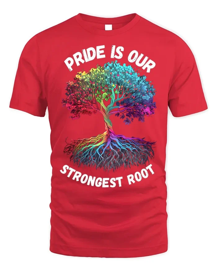 Pride Tree T-Shirt Strongest Root LGBTQ+ Unity - red t-shirt on white background