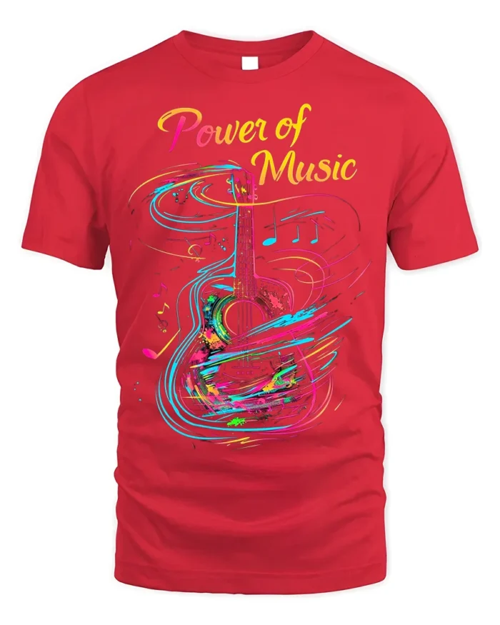 Colorful Guitar T-Shirt Power of Music Graphic - red t-shirt on white background