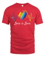 Love Is Love T-Shirt LGBTQ Rainbow Heart Pride - red t-shirt on white background