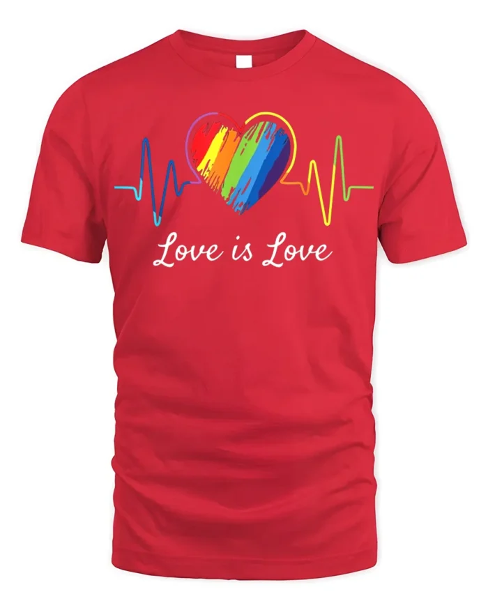 Love Is Love T-Shirt LGBTQ Rainbow Heart Pride - red t-shirt on white background