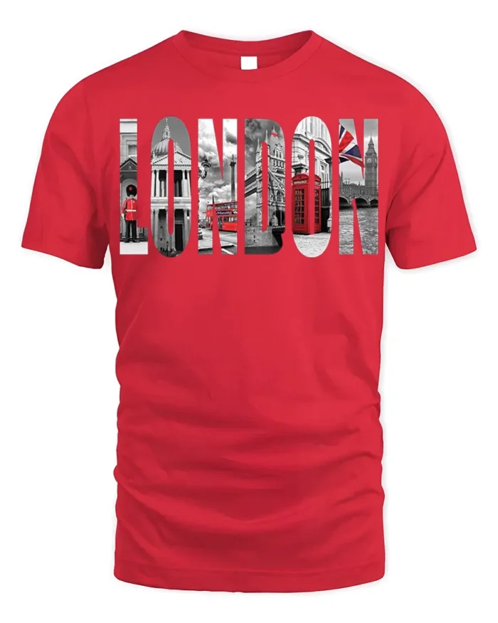 London City T-Shirt Iconic UK Landmarks Graphic - red t-shirt on white background