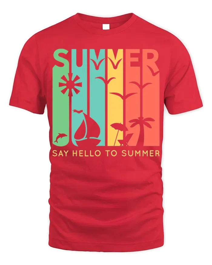 Say Hello to Summer T-Shirt Retro Beach Vibes - red t-shirt on white background