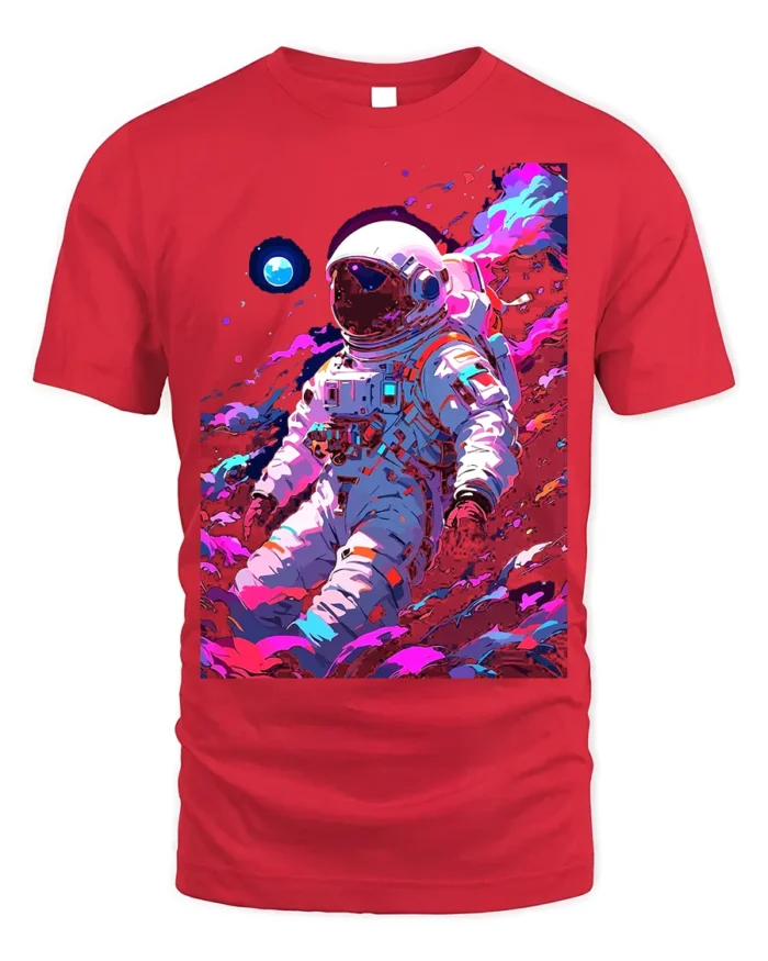 Astronaut Galaxy T-Shirt Neon Space Explorer Graphic - red t-shirt on white background
