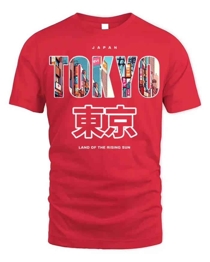 Tokyo Japan T-Shirt Neon City Skyline Graphic - red t-shirt on white background