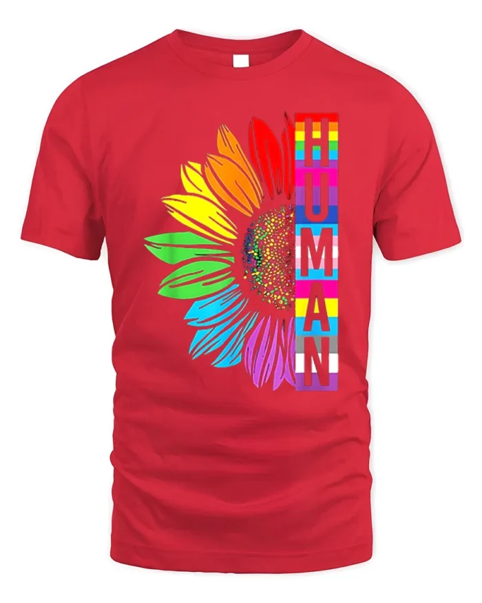 Human Pride T-Shirt Rainbow Sunflower LGBTQ+ Equality - red t-shirt on white background