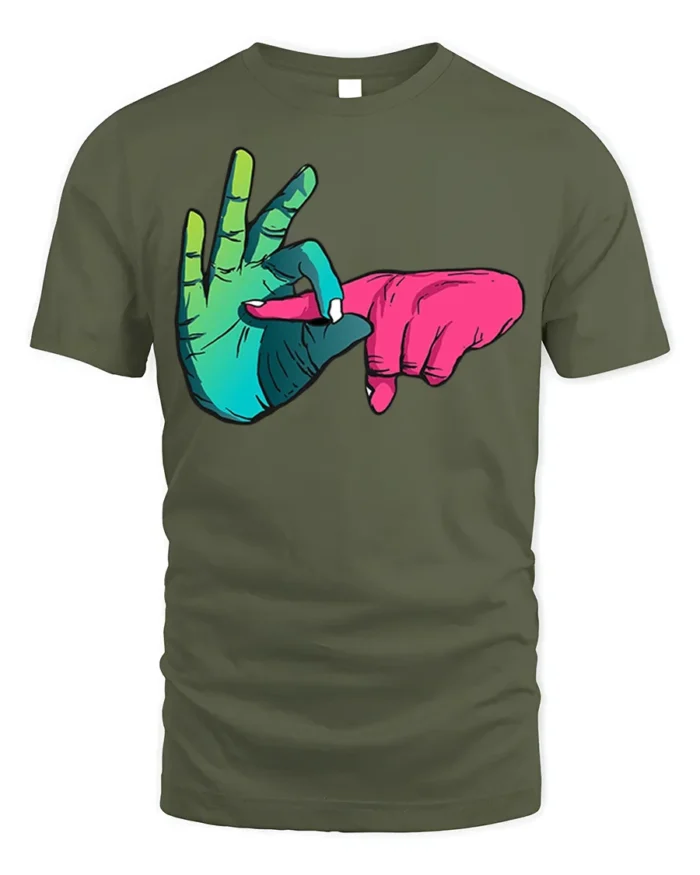 Colorful Hand Sign T-Shirt Cool Funky Graphic Streetwear - military green t-shirt on white background