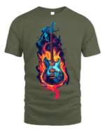 Electric Guitar on Fire Graphic T-Shirt Rock Music - military green t-shirt on white background