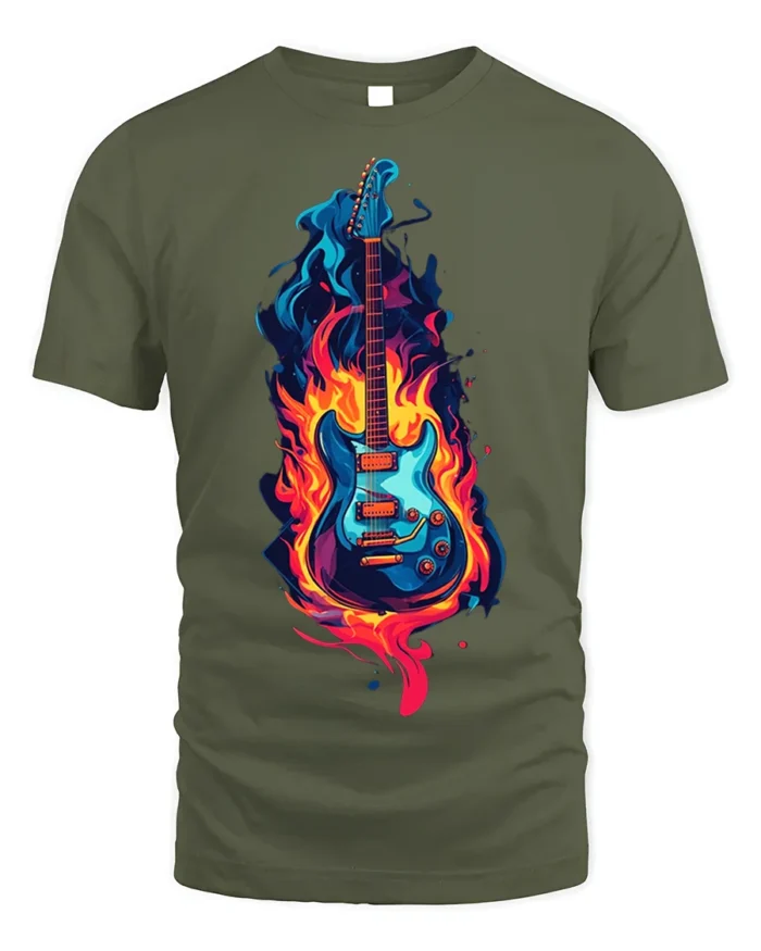 Electric Guitar on Fire Graphic T-Shirt Rock Music - military green t-shirt on white background