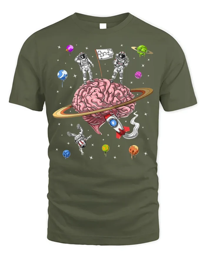 Astronaut Brain Space T-Shirt Explore the Mind Galaxy - military green t-shirt on white background