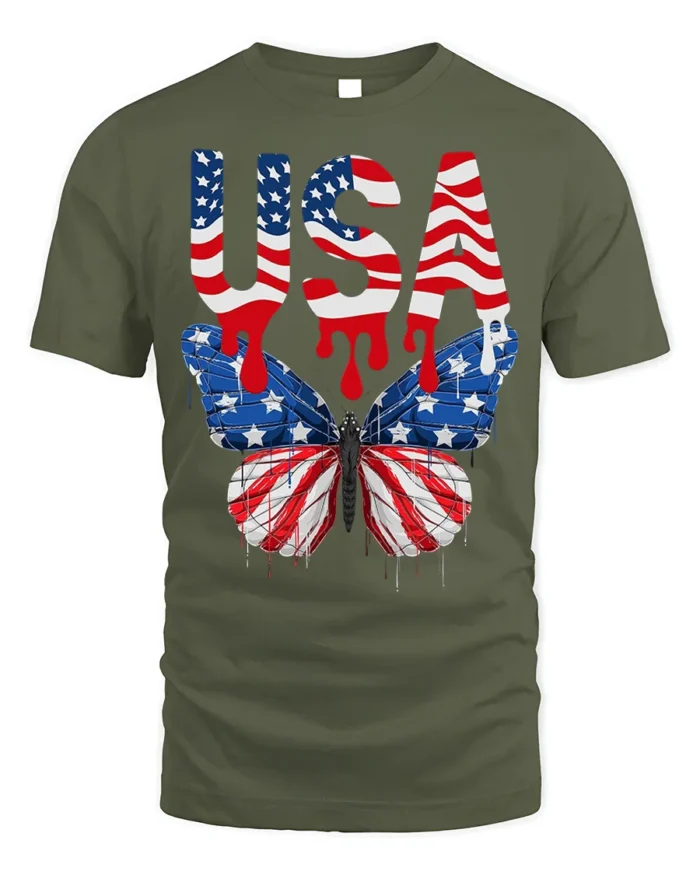 USA Flag Butterfly T-Shirt Patriotic Red White Blue - military green t-shirt on white background
