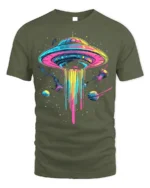 Neon UFO Space T-Shirt Psychedelic Galaxy Alien - military green t-shirt on white background