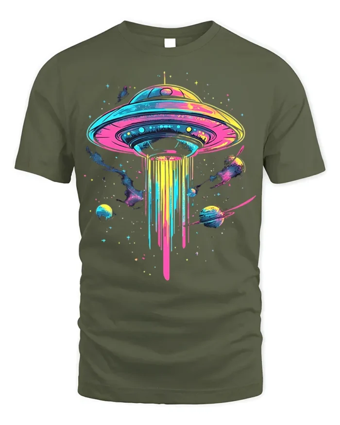 Neon UFO Space T-Shirt Psychedelic Galaxy Alien - military green t-shirt on white background