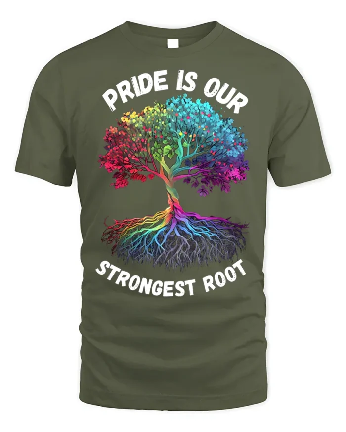 Pride Tree T-Shirt Strongest Root LGBTQ+ Unity - military green t-shirt on white background