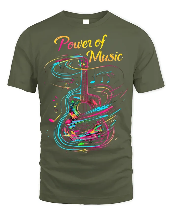 Colorful Guitar T-Shirt Power of Music Graphic - military green t-shirt on white background