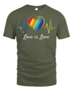 Love Is Love T-Shirt LGBTQ Rainbow Heart Pride - military green t-shirt on white background