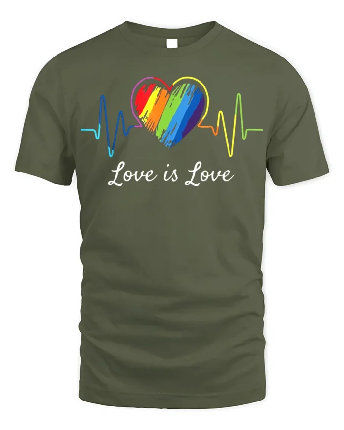 Love Is Love T-Shirt LGBTQ Rainbow Heart Pride - military green t-shirt on white background