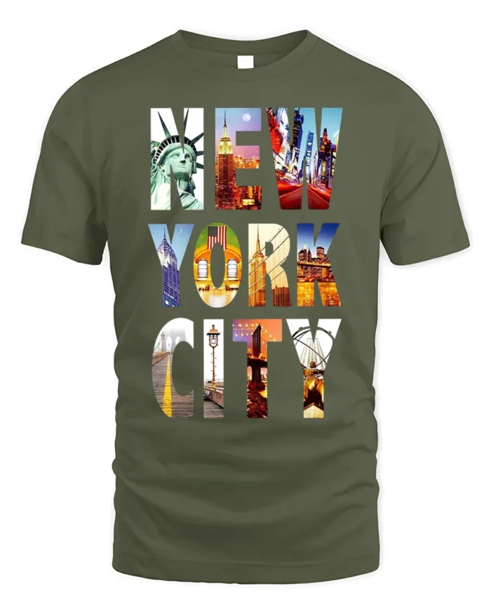 New York City T-Shirt NYC Skyline Graphic Travel - military green t-shirt on white background