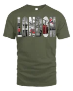 London City T-Shirt Iconic UK Landmarks Graphic - military green t-shirt on white background