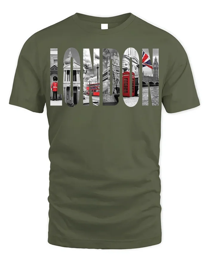 London City T-Shirt Iconic UK Landmarks Graphic - military green t-shirt on white background
