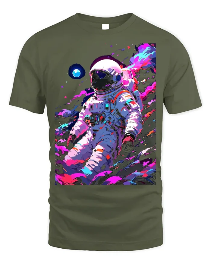 Astronaut Galaxy T-Shirt Neon Space Explorer Graphic - military green t-shirt on white background