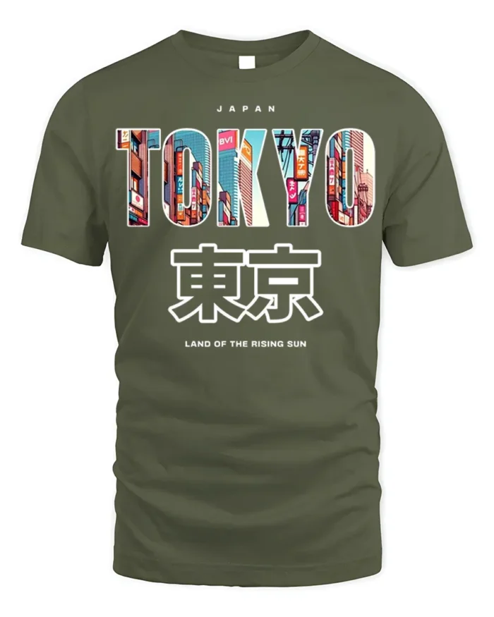 Tokyo Japan T-Shirt Neon City Skyline Graphic - military green t-shirt on white background