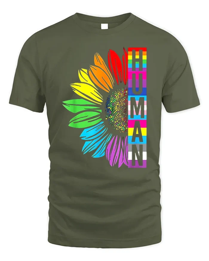 Human Pride T-Shirt Rainbow Sunflower LGBTQ+ Equality - military green t-shirt on white background