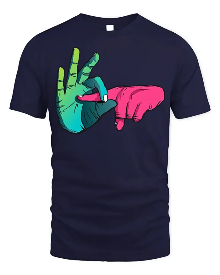 Colorful Hand Sign T-Shirt Cool Funky Graphic Streetwear - navy t-shirt on white background