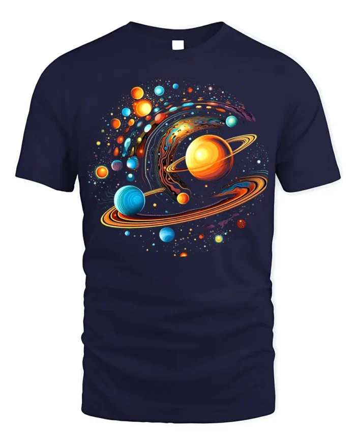 Solar System Vortex Galaxy Print T-Shirt Cosmic Cotton - navy t-shirt on white background