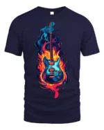 Electric Guitar on Fire Graphic T-Shirt Rock Music - navy t-shirt on white background