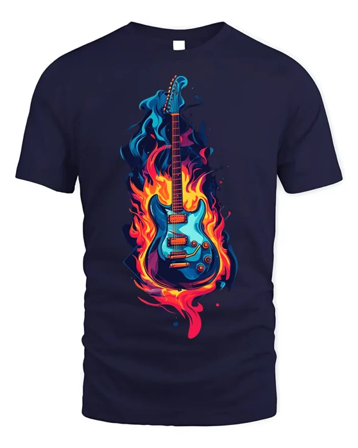 Electric Guitar on Fire Graphic T-Shirt Rock Music - navy t-shirt on white background