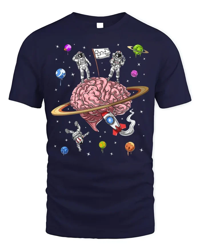 Astronaut Brain Space T-Shirt Explore the Mind Galaxy - navy t-shirt on white background