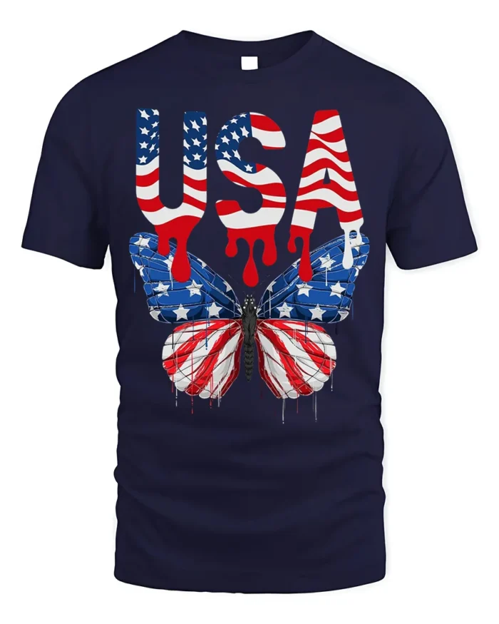 USA Flag Butterfly T-Shirt Patriotic Red White Blue - navy t-shirt on white background