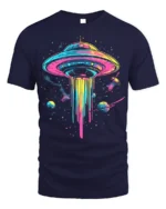 Neon UFO Space T-Shirt Psychedelic Galaxy Alien - navy t-shirt on white background