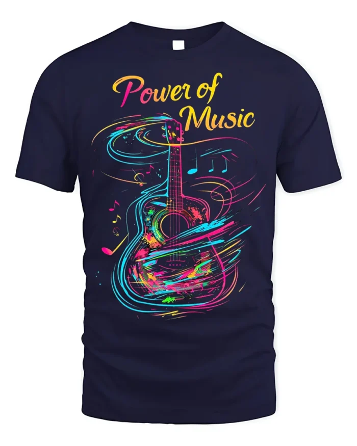 Colorful Guitar T-Shirt Power of Music Graphic - navy t-shirt on white background