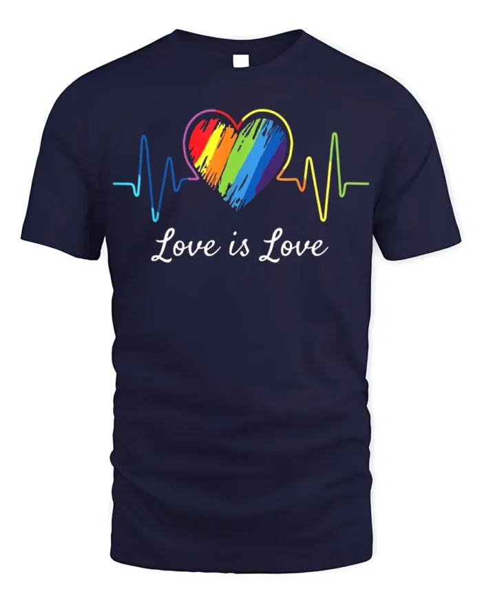 Love Is Love T-Shirt LGBTQ Rainbow Heart Pride - navy t-shirt on white background