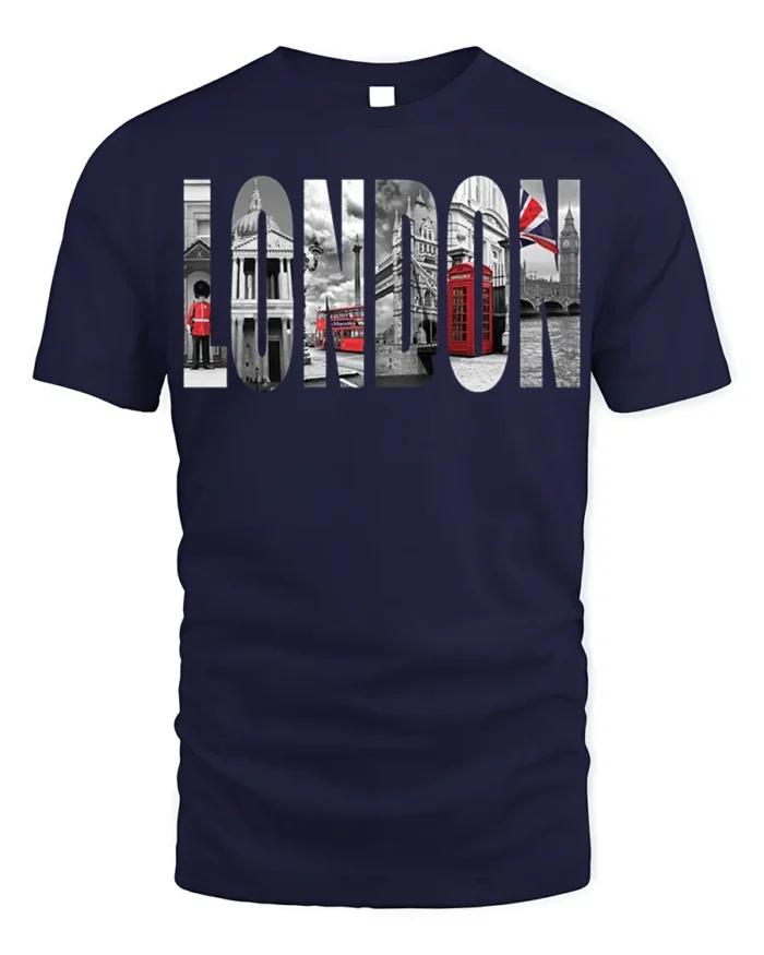 London City T-Shirt Iconic UK Landmarks Graphic - navy t-shirt on white background