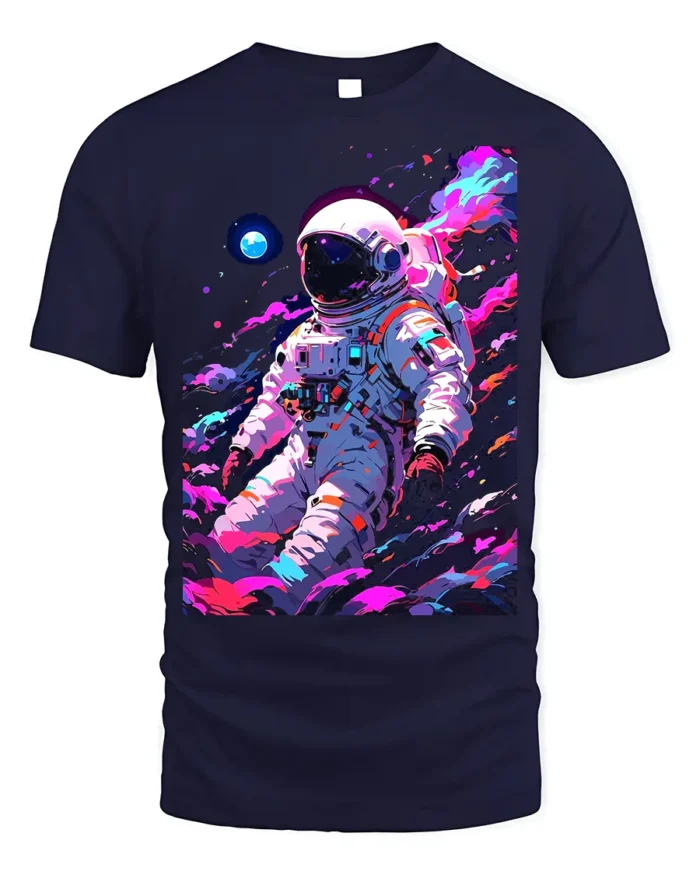 Astronaut Galaxy T-Shirt Neon Space Explorer Graphic - navy t-shirt on white background