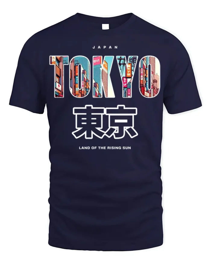 Tokyo Japan T-Shirt Neon City Skyline Graphic - navy t-shirt on white background