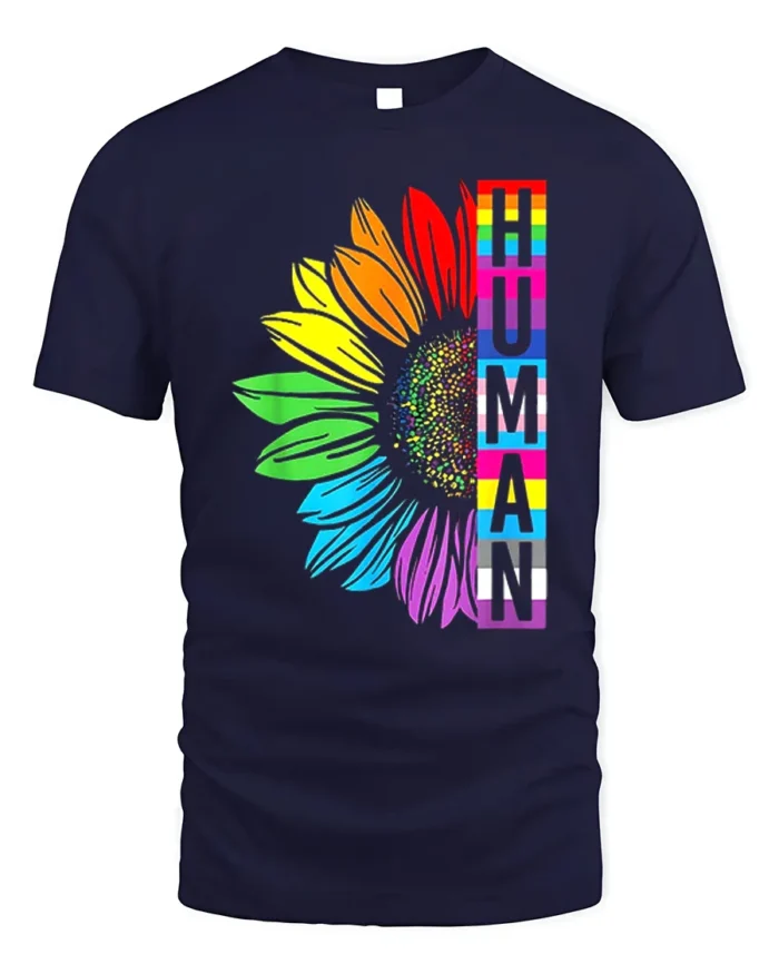 Human Pride T-Shirt Rainbow Sunflower LGBTQ+ Equality - navy t-shirt on white background