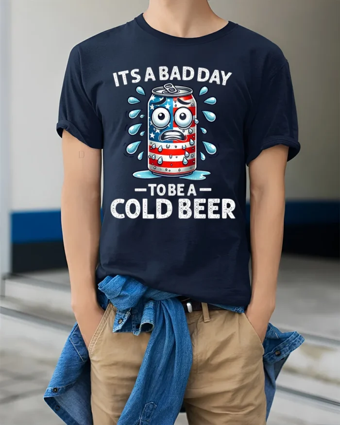 Funny Cold Beer T-Shirt It’s a Bad Day to Be a Can - model wearing navy shirt, hands in pockets