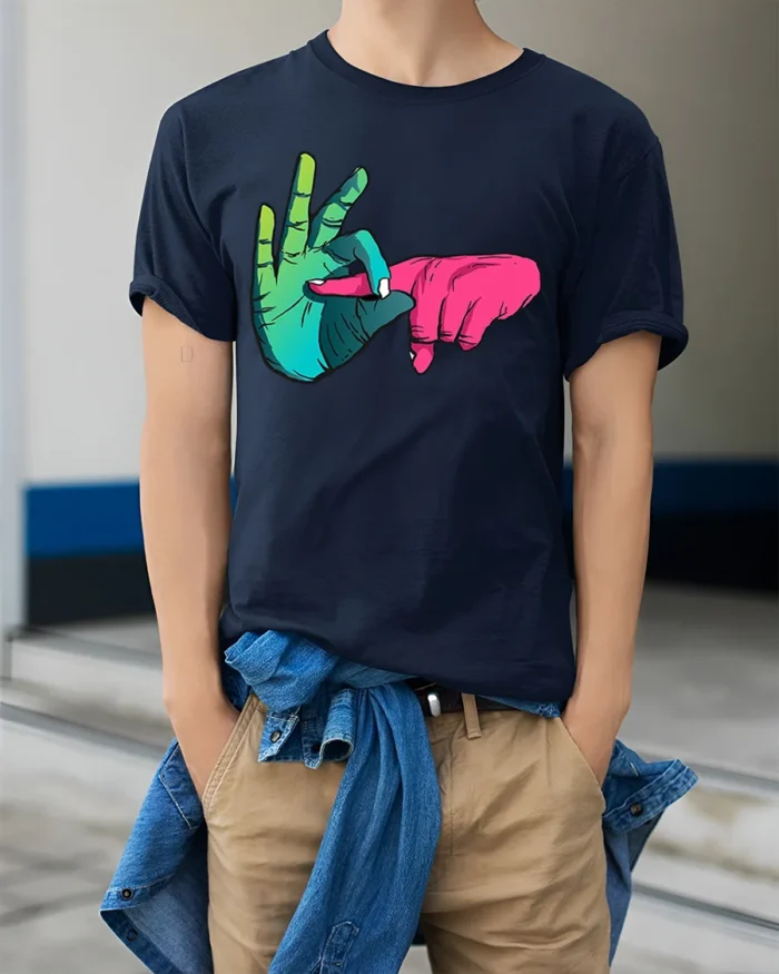 Colorful Hand Sign T-Shirt Cool Funky Graphic Streetwear - model wearing navy shirt, hands in pockets
